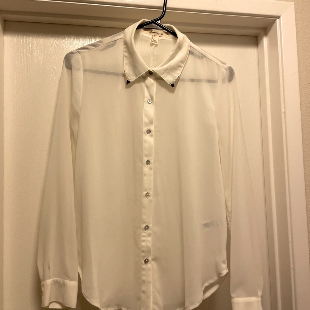 White blouse with gold on collar